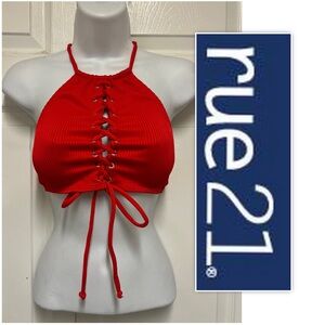 RUE21 Blue Rue Red Ribbed Lace Up Halter Top